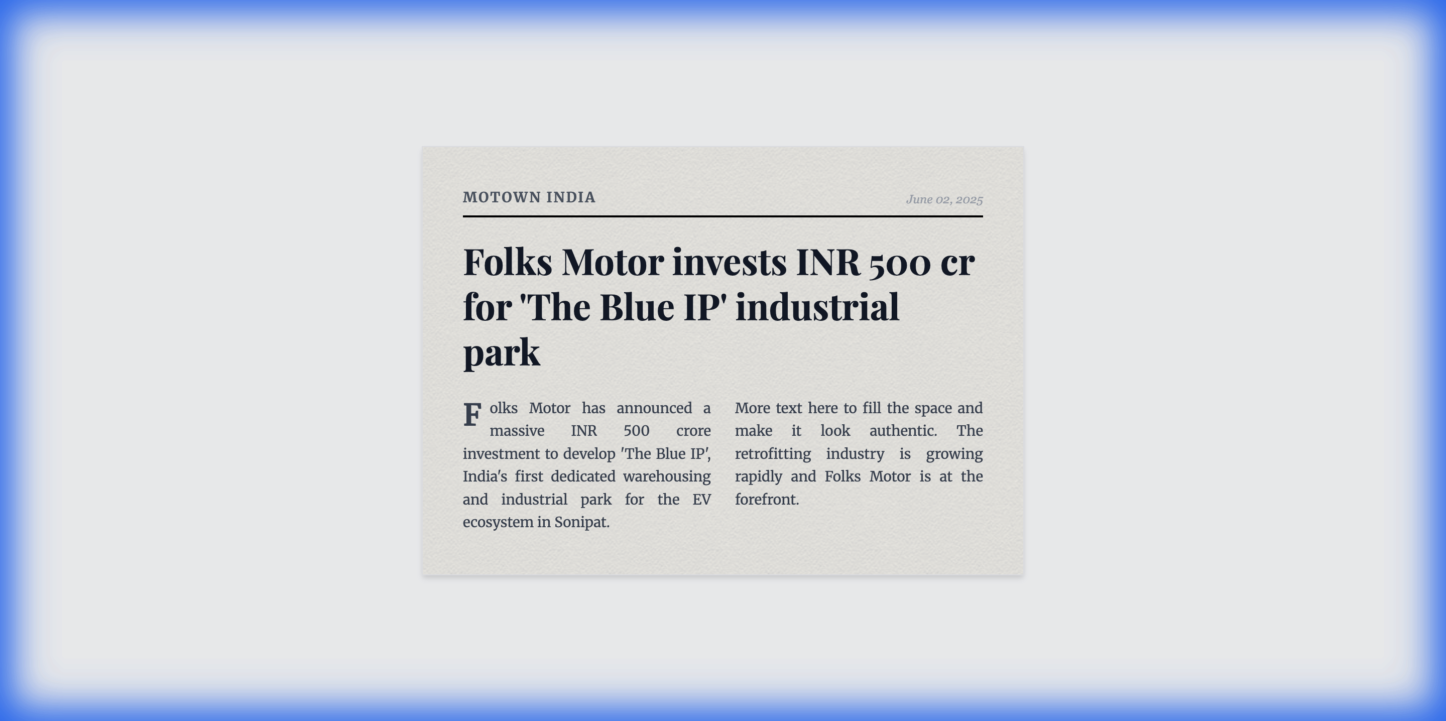Folks Motor invests INR 500 cr for 'The Blue IP' industrial park